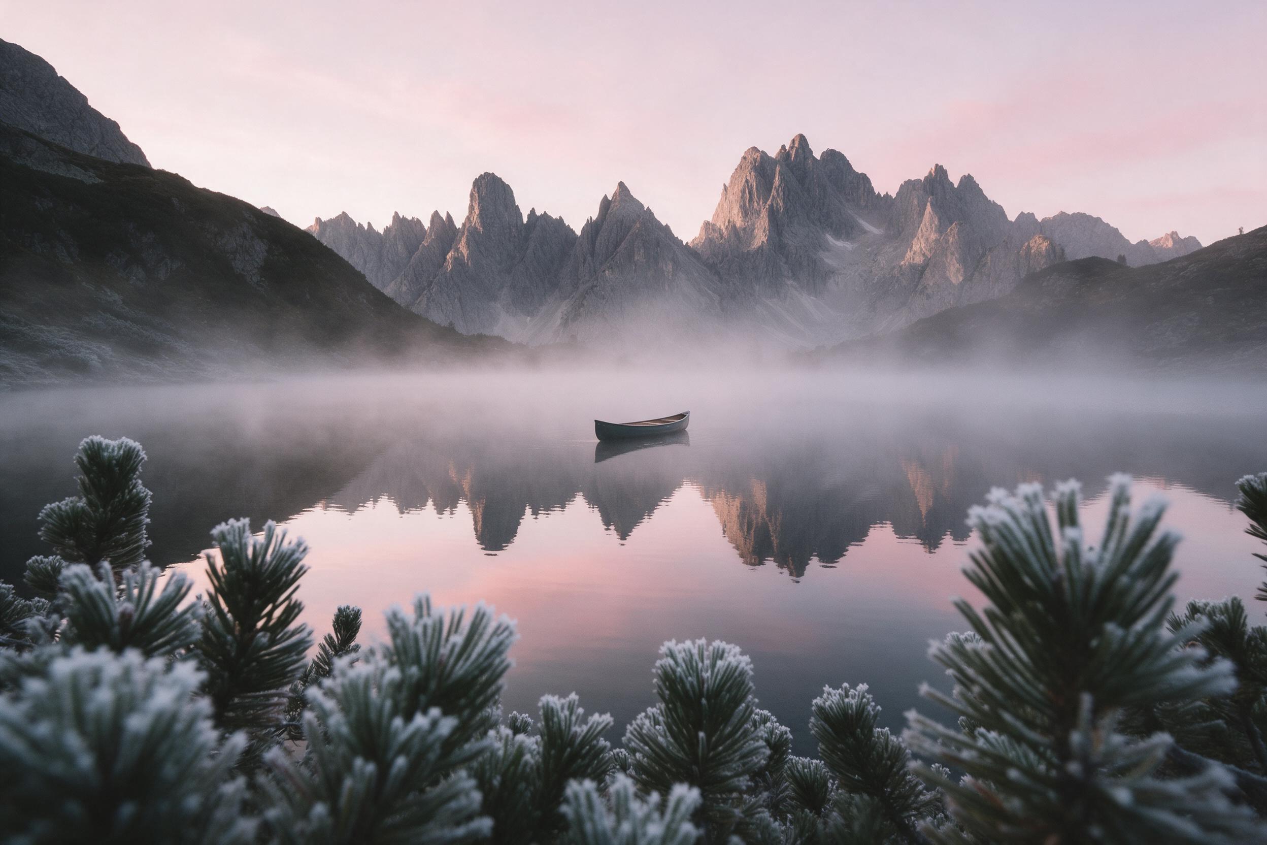 A misty alpine lake at dawn, reflecting jagged peaks and a soft pink sky, with delicate frost on nearby pine needles and a lone canoe drifting in the center, natural light and slight atmospheric haze