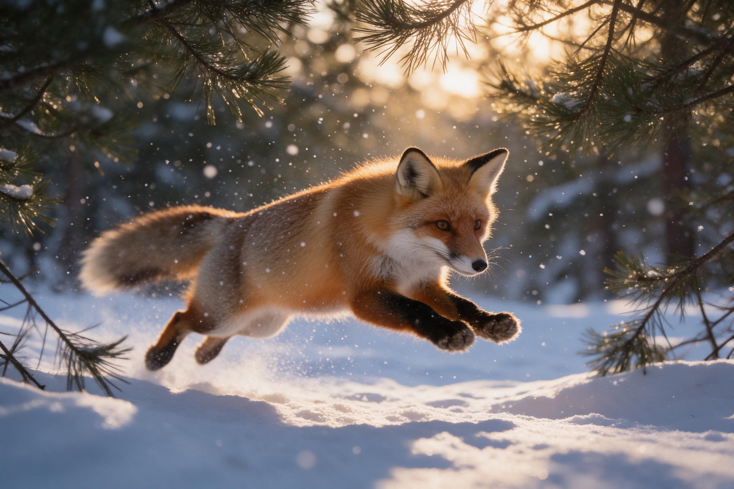 A red fox mid-pounce in a snowy pine forest, snowflakes suspended mid-air, golden hour light filtering through trees, fur texture visible, slight motion blur on tail, natural framing with branches, warm tones against cool blue shadows