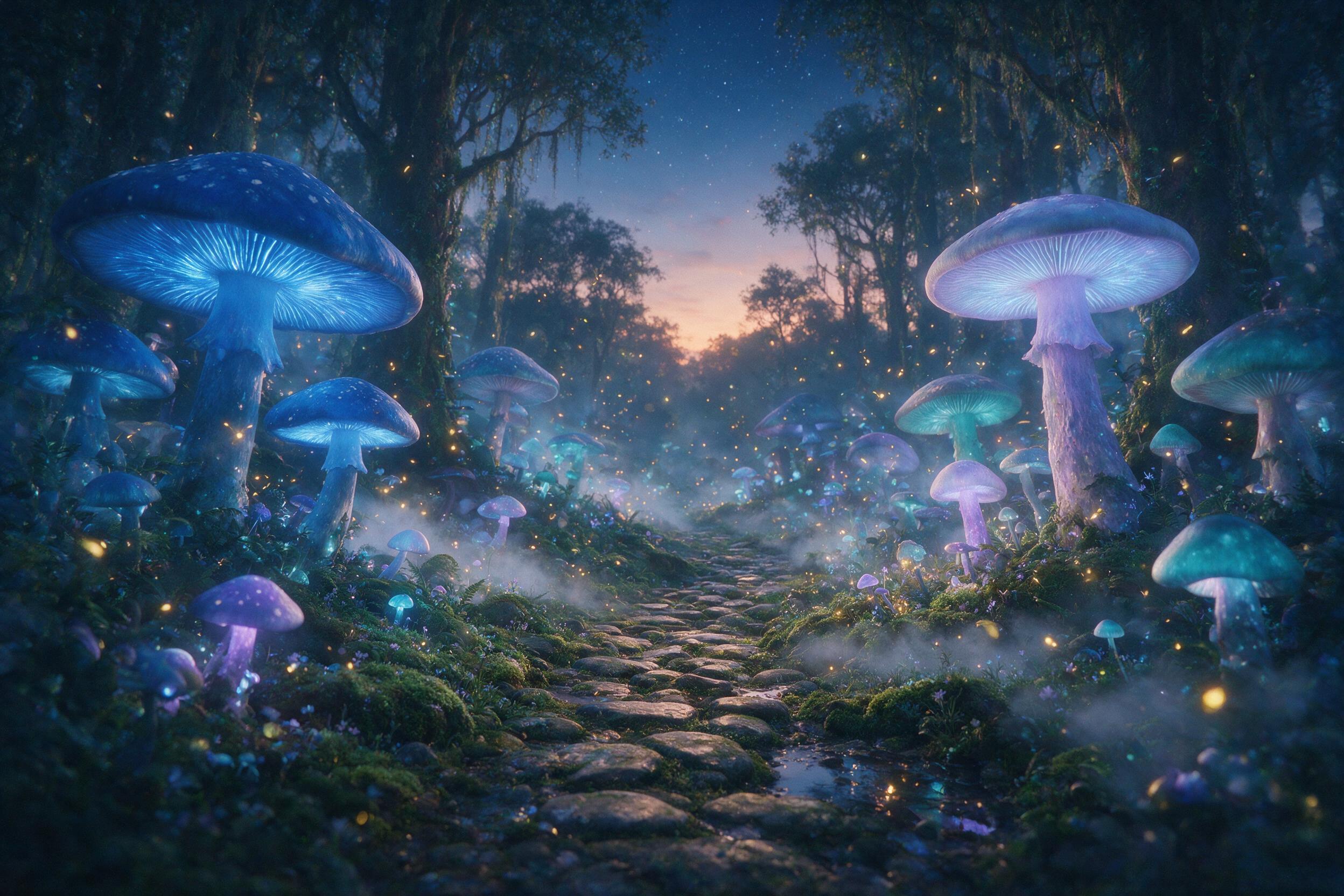 An ethereal, bioluminescent forest at twilight, with giant glowing mushrooms casting soft blue and purple light on a winding path of mossy stones. Fireflies dance in the air, and a faint mist clings to the ground. Wide-angle shot, dreamy atmosphere, soft focus, slight grain.