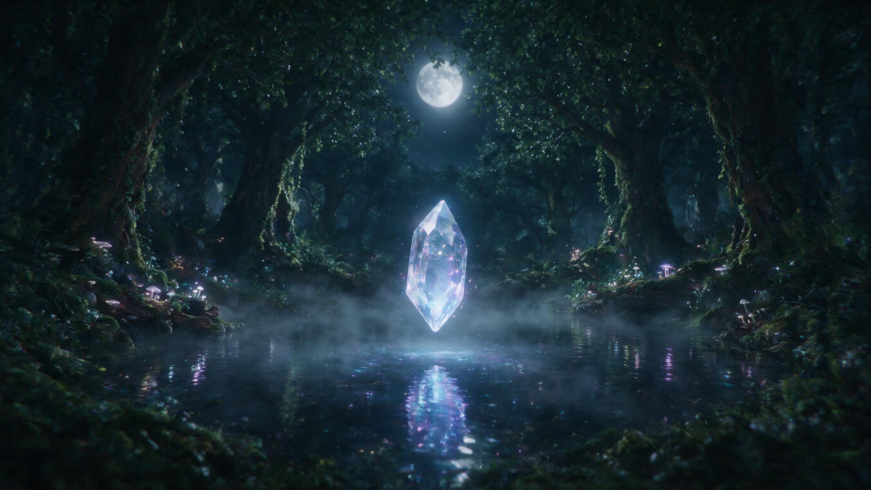 A glowing crystal shard floating above a misty forest pond, bioluminescent mushrooms lining the shore, moonlight filtering through ancient trees, soft reflections in the water, ethereal atmosphere, slight camera shake effect