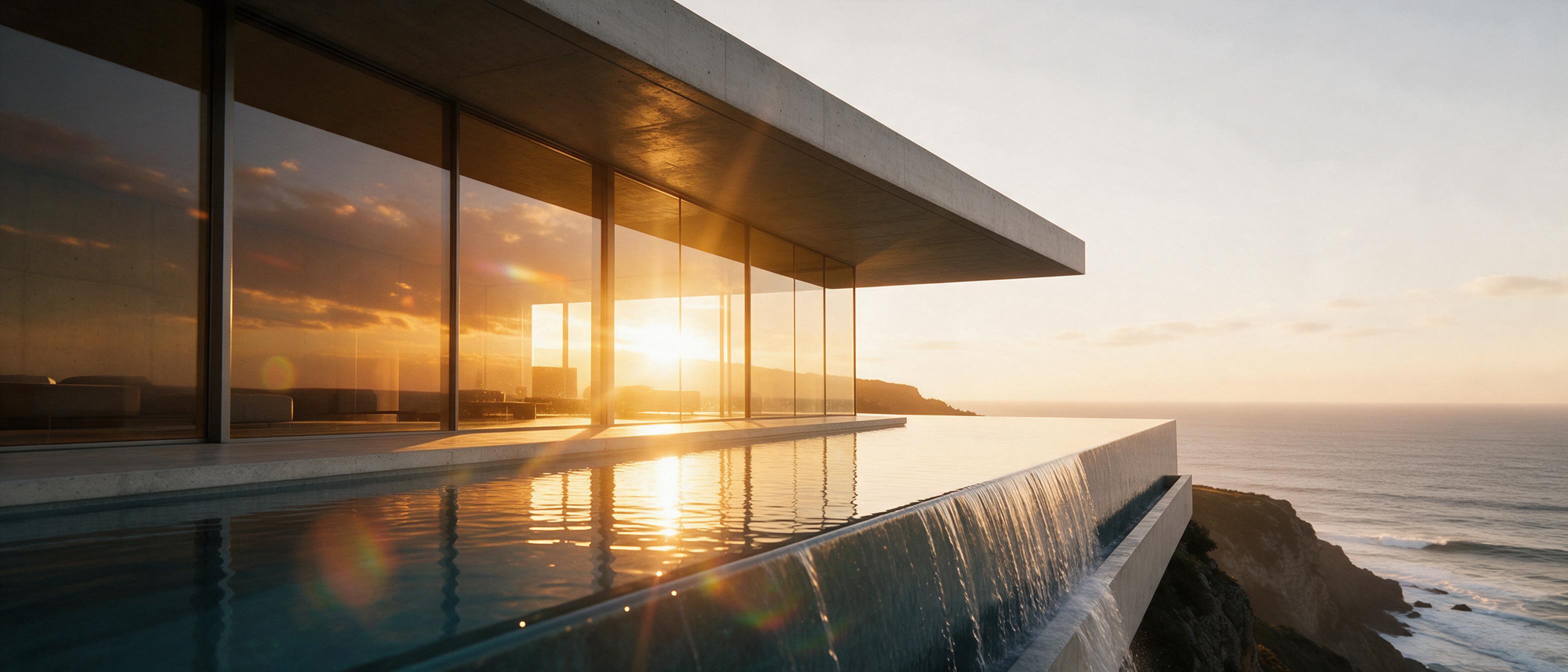 A minimalist concrete house perched on a cliff edge, floor-to-ceiling glass reflecting the amber sunset, cascading infinity pool merging with the ocean horizon, warm golden light streaming through, lens flare, shot from a low angle looking up, emphasizing the cantilevered structure, airy atmosphere,
