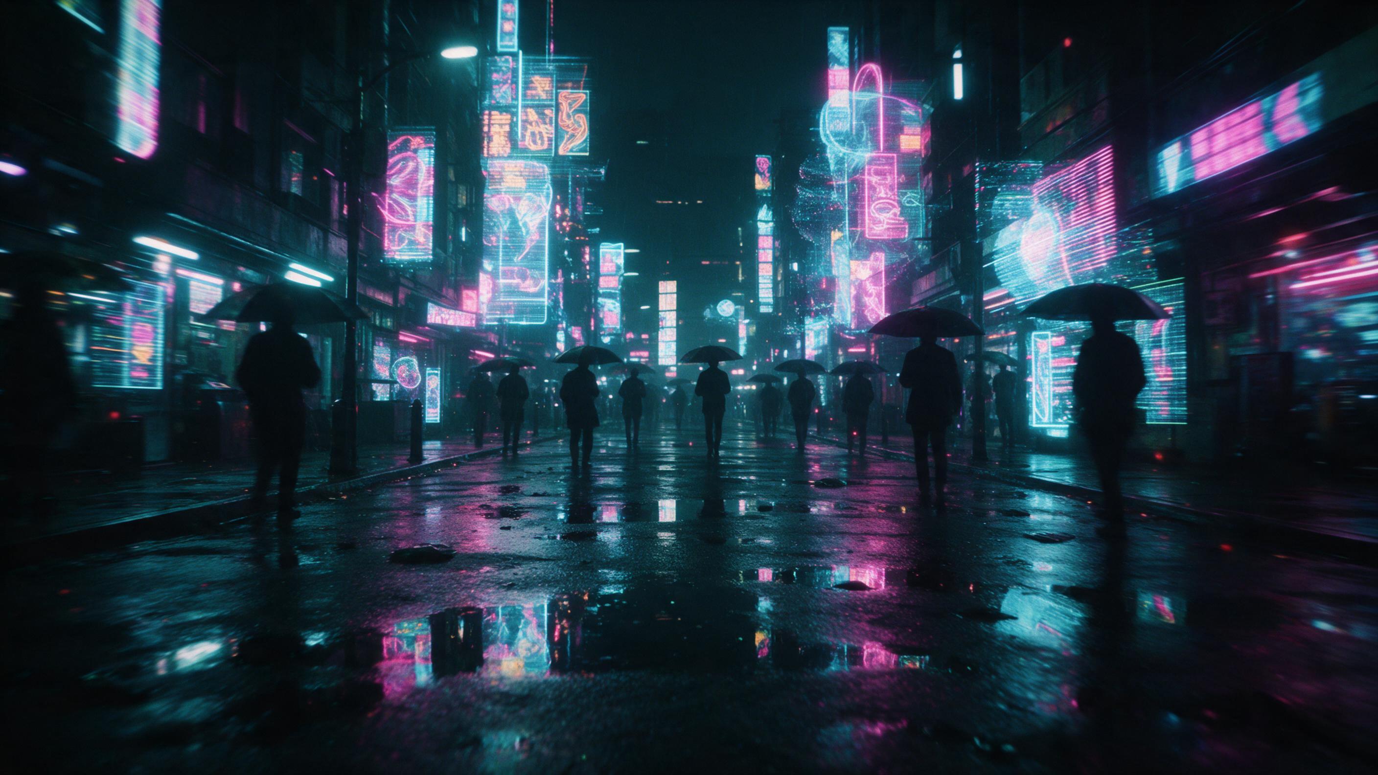 A rainy neon-lit street in a cyberpunk city, holographic signs flickering on wet asphalt, silhouettes of pedestrians with umbrellas, reflections in puddles, cyan and magenta color palette, slight motion blur, moody atmosphere