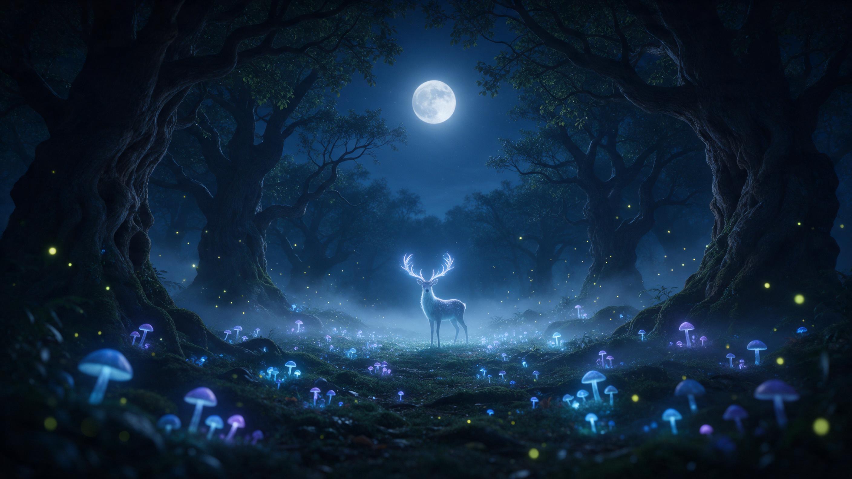 A moonlit forest clearing where bioluminescent mushrooms cast soft blue and violet light, a gentle mist rolls over the mossy ground, an ethereal deer with glowing antlers stands amid ancient gnarled trees, fireflies dance in the air, cinematic composition with shallow depth of field, dreamy atmosphe