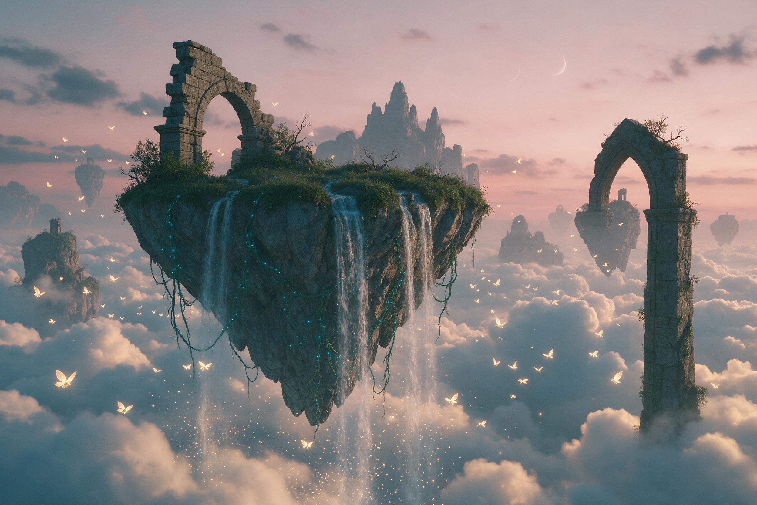 A floating island draped in glowing blue vines, waterfalls cascading into clouds gold-flecked, small luminous birds swarming between ancient stone arches, soft twilight pink sky with a small crescent moon, cinematic composition, central island with layered depth, gentle color grading of teal and amb