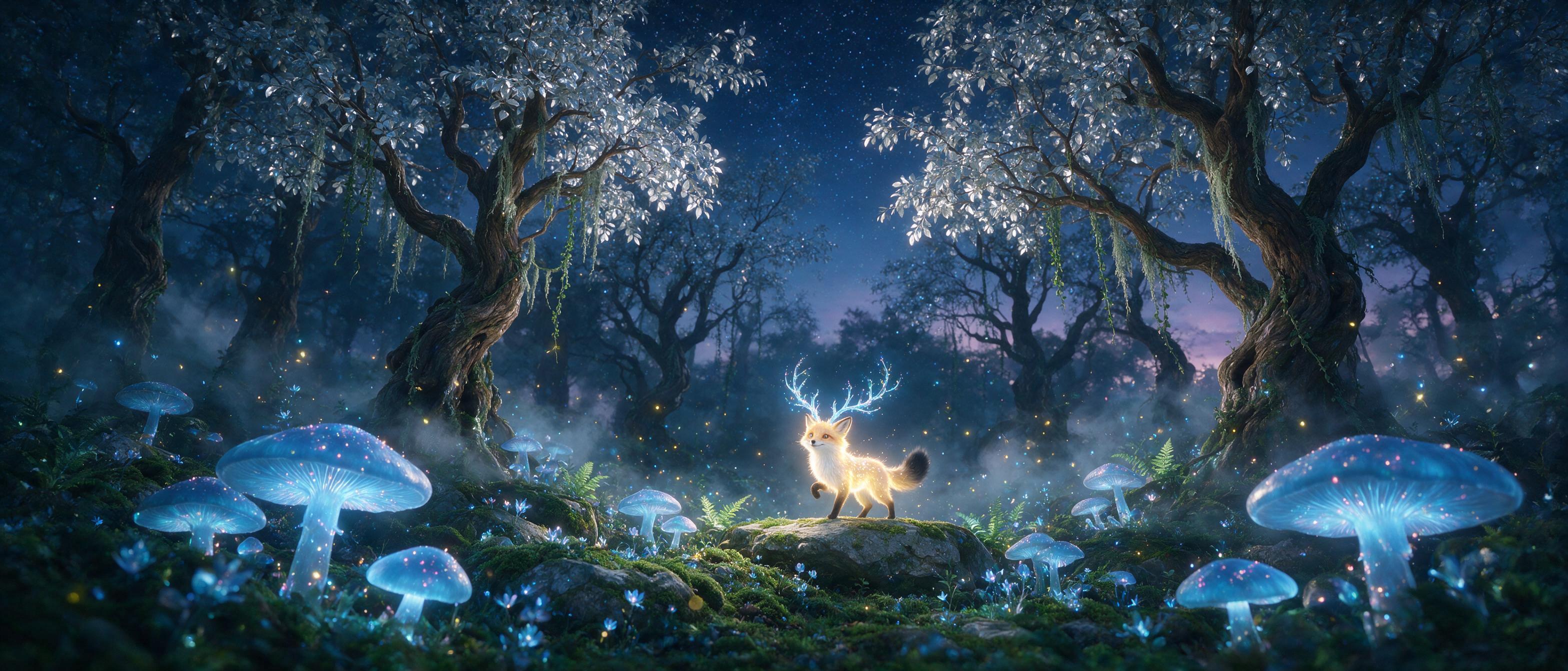 A mystical forest at twilight, giant glowing mushrooms casting soft blue light, ancient twisted trees with silver leaves, a small glowing fox with ethereal antlers, mist weaving through the undergrowth, fireflies in the air, deep shadows with luminous highlights, cinematic composition, intricate det
