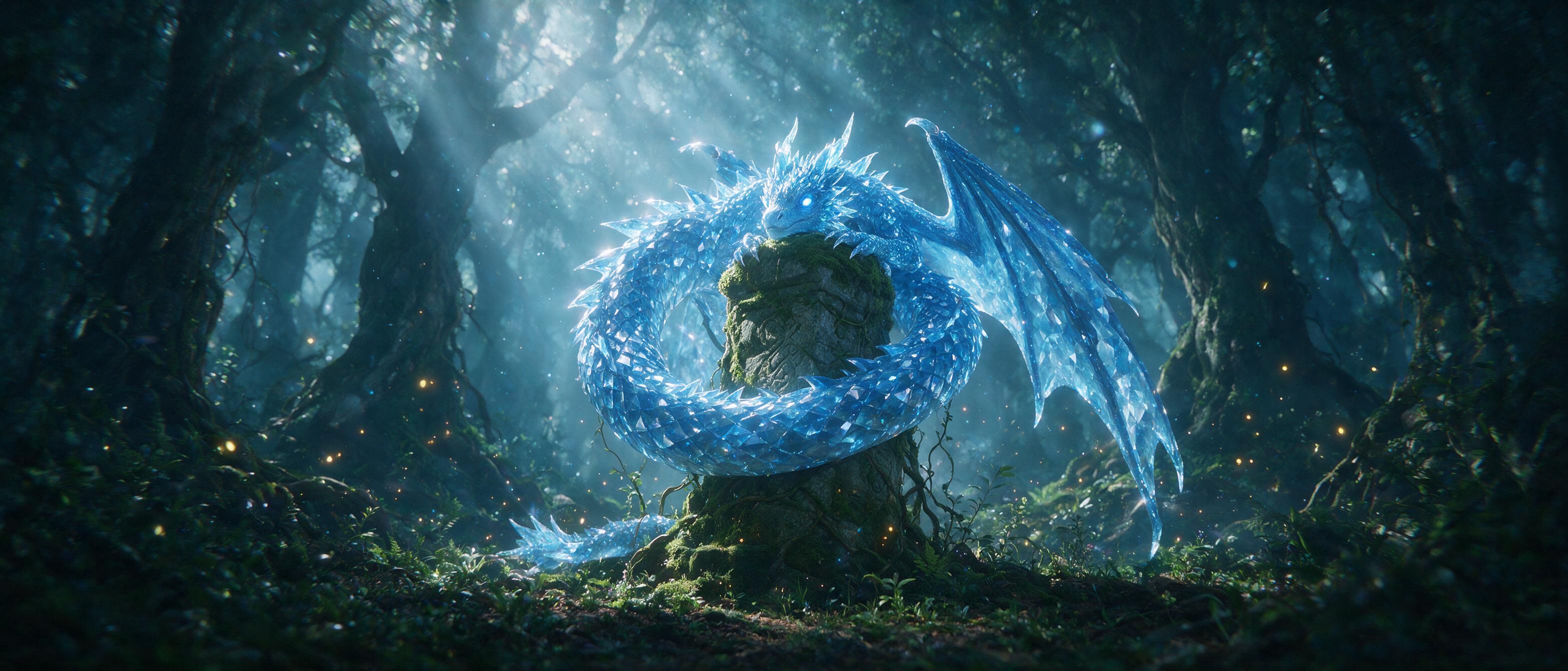In a moonlit ancient forest, a glowing blue crystal dragon coiled around a moss-covered stone pillar, ethereal light particles floating in misty air, warm amber fireflies scattered, soft lens flare, cinematic composition, mystical atmosphere, slight camera shake adds dreamlike effect.