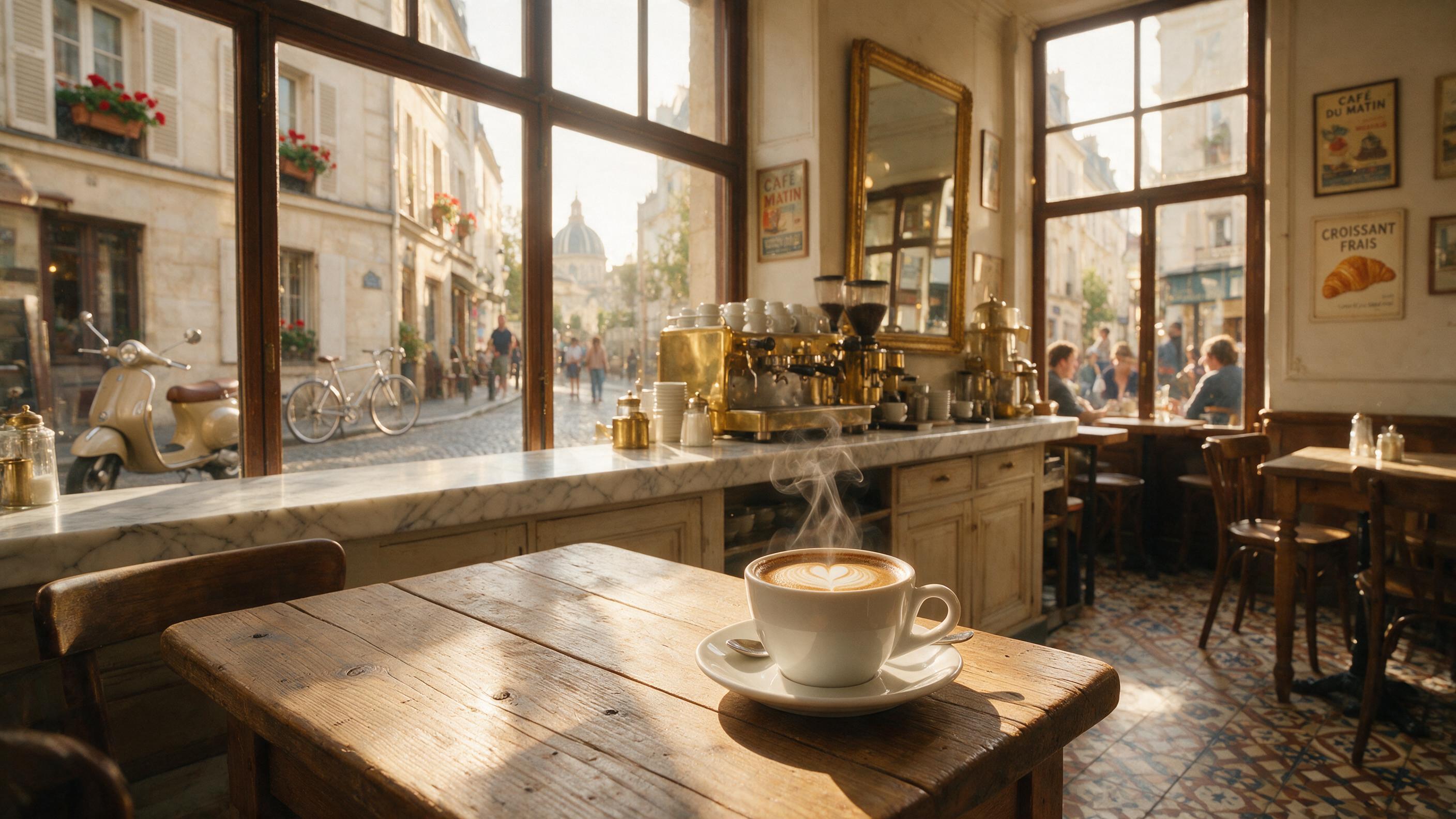 A cozy morning scene in a small Parisian café, warm golden sunlight streaming through large windows, casting soft shadows on worn wooden tables and a marble countertop, a single espresso cup with delicate foam art, steam rising gently, blurred background with a few patrons and vintage posters, natur