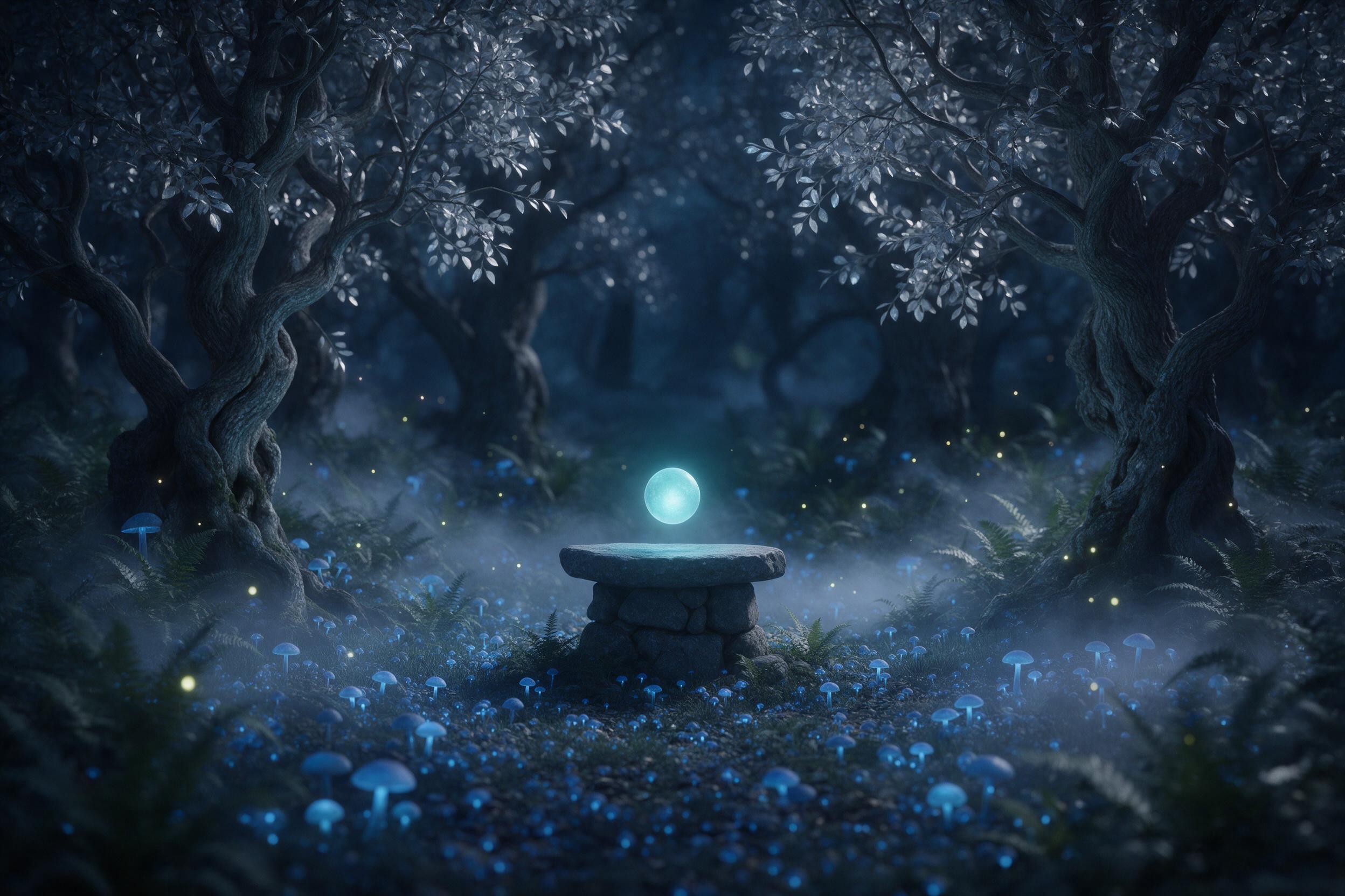 A moonlit enchanted forest clearing, ancient twisted trees with silver leaves, glowing blue mushrooms carpeting the ground, a small stone altar with a floating orb of soft turquoise light, mist weaving between ferns, fireflies dancing, muted cool tones, shallow depth of field focusing on the orb, dr