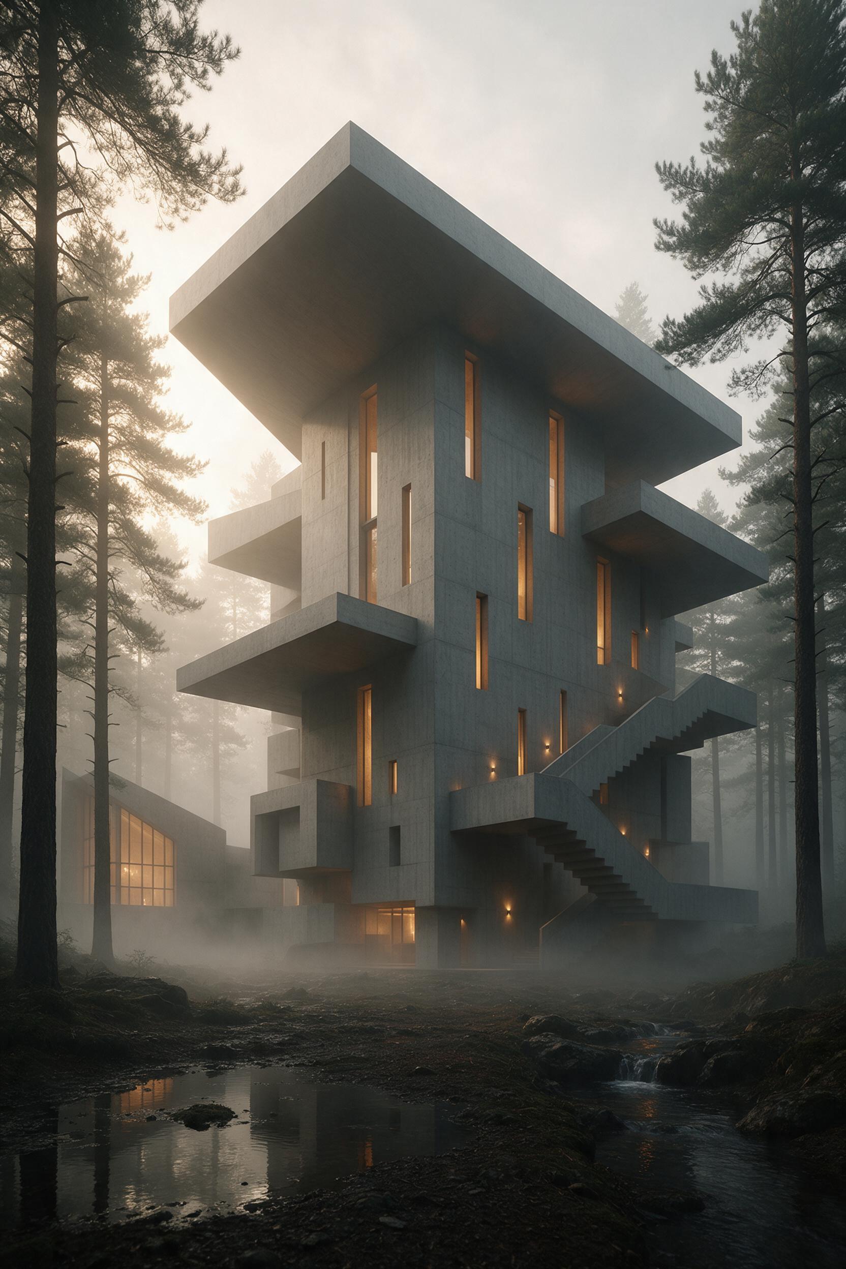 A Brutalist concrete library with cantilevered floors, floating staircases, and vertical slit windows revealing warm amber interior light, set in a misty pine forest at dawn, soft fog diffuses sunlight, low-angle view emphasizing monumental scale, muted gray and green palette, cinematic composition