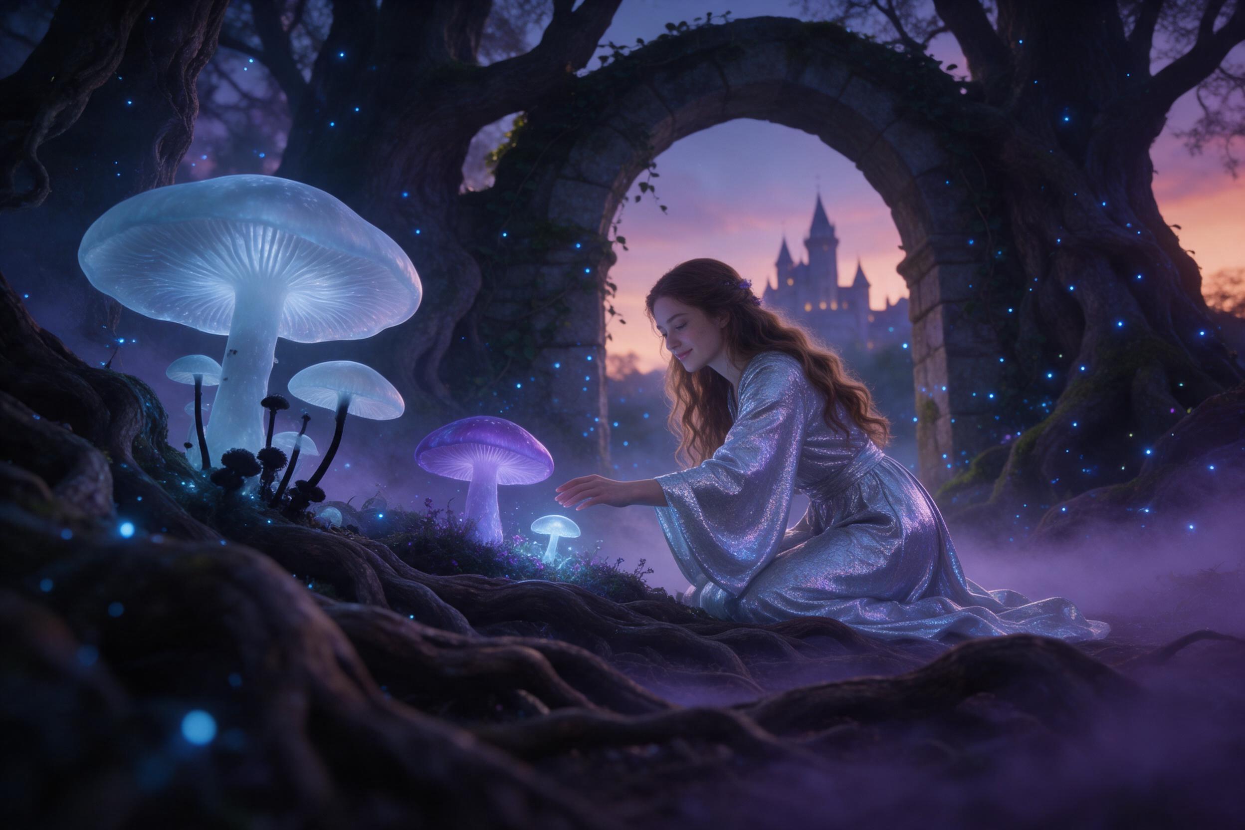 A misty bioluminescent forest at twilight, giant glowing mushrooms with translucent caps, tiny blue fireflies swirling around an ancient stone arch, subtle purple fog between twisted roots, a young woman in a flowing silver robe kneeling to touch a glowing flower, shallow depth of field, last warm l
