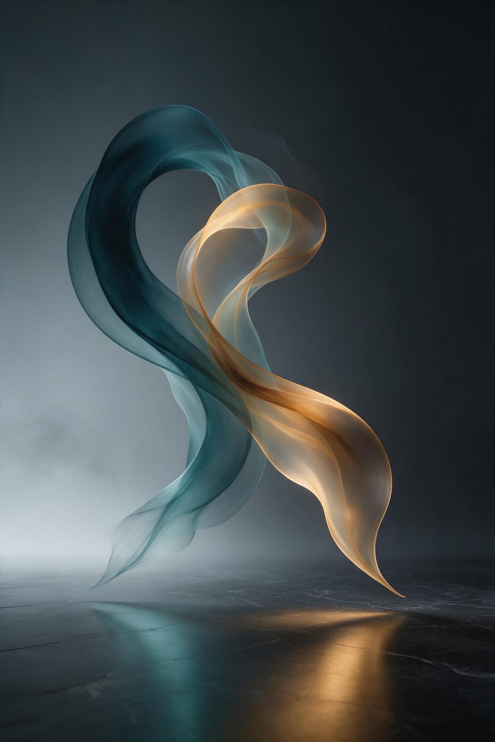 A minimalist composition of flowing translucent ribbons in deep teal and warm amber, suspended mid-air, catching soft directional light, subtle reflection on polished dark stone floor, faint mist, elegant negative space, smooth gradients, abstract fluid art.