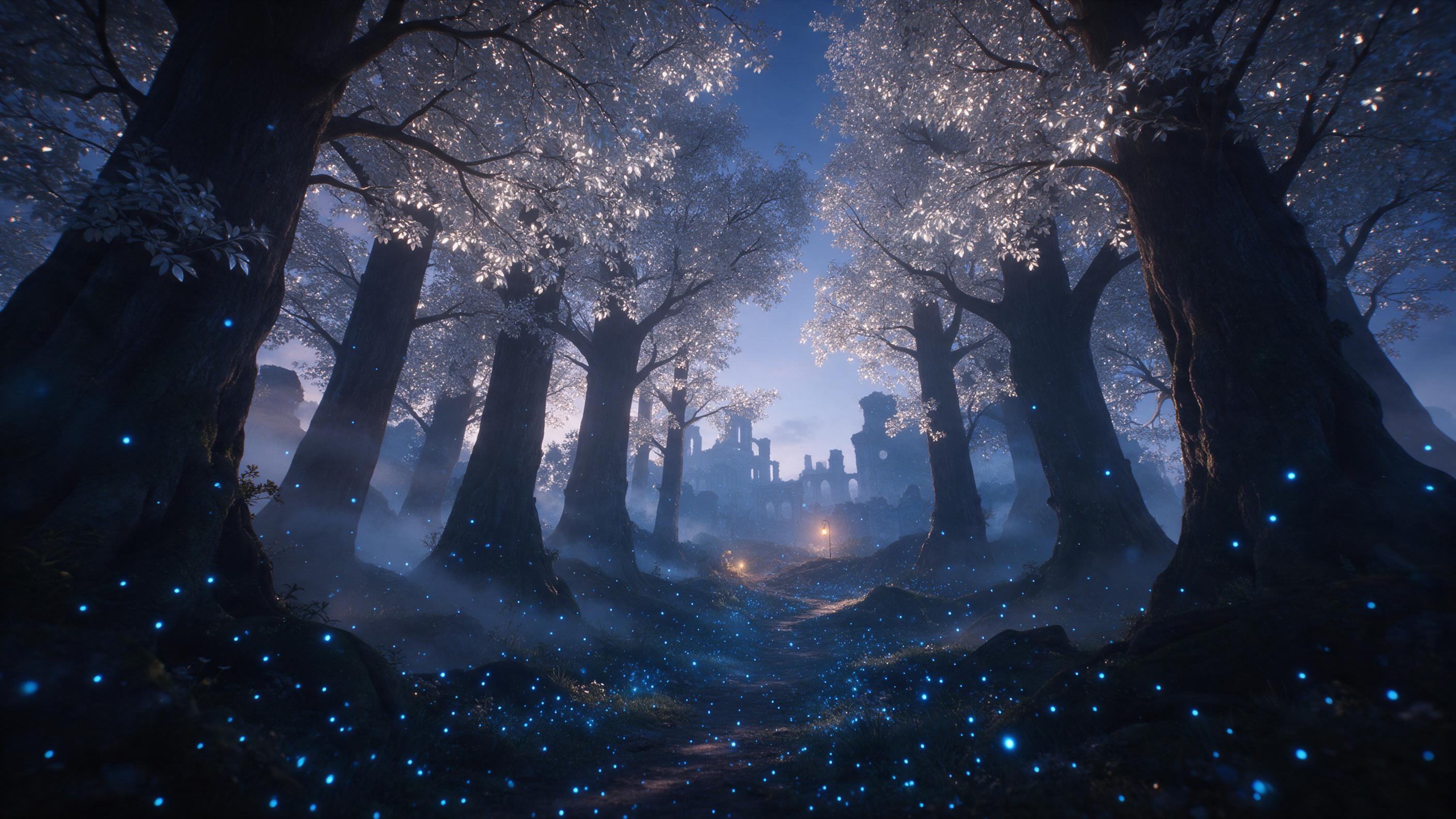 Enchanted forest at twilight, towering ancient trees with glowing silver leaves, a winding path lit by floating blue fireflies, soft mist drifting between trunks, ethereal palace ruins in background, warm golden light from a distant lantern, cinematic composition with low-angle view