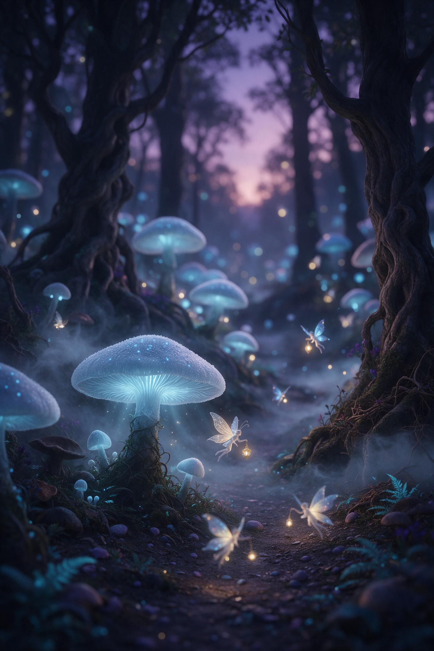 A bioluminescent forest at twilight, giant glowing mushrooms casting soft blue light, ethereal mist weaving between ancient gnarled trees, tiny winged spirits with lanterns floating among ferns, subtle purple and teal color palette, dreamlike atmosphere, soft diffused lighting, shallow depth of fiel