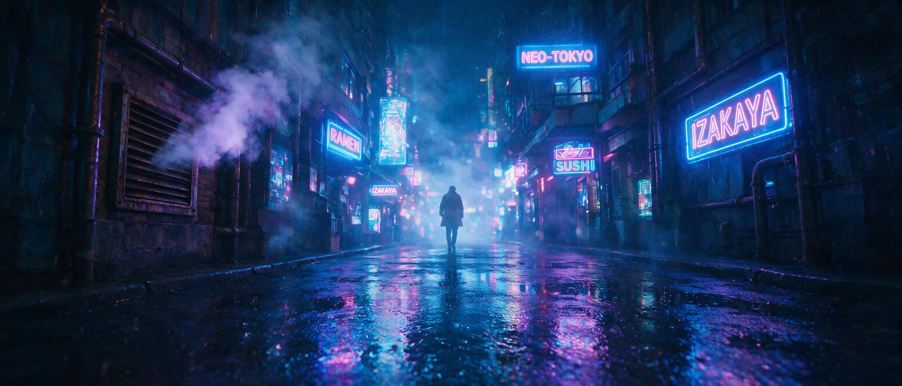 A neon-lit cyberpunk alleyway at midnight, rain-slicked asphalt reflecting glowing holographic signs, smoke drifting from a vent, a lone figure in a trench coat walking away, cinematic lighting with blue and pink tones, shallow depth of field, slight motion blur on the rain.