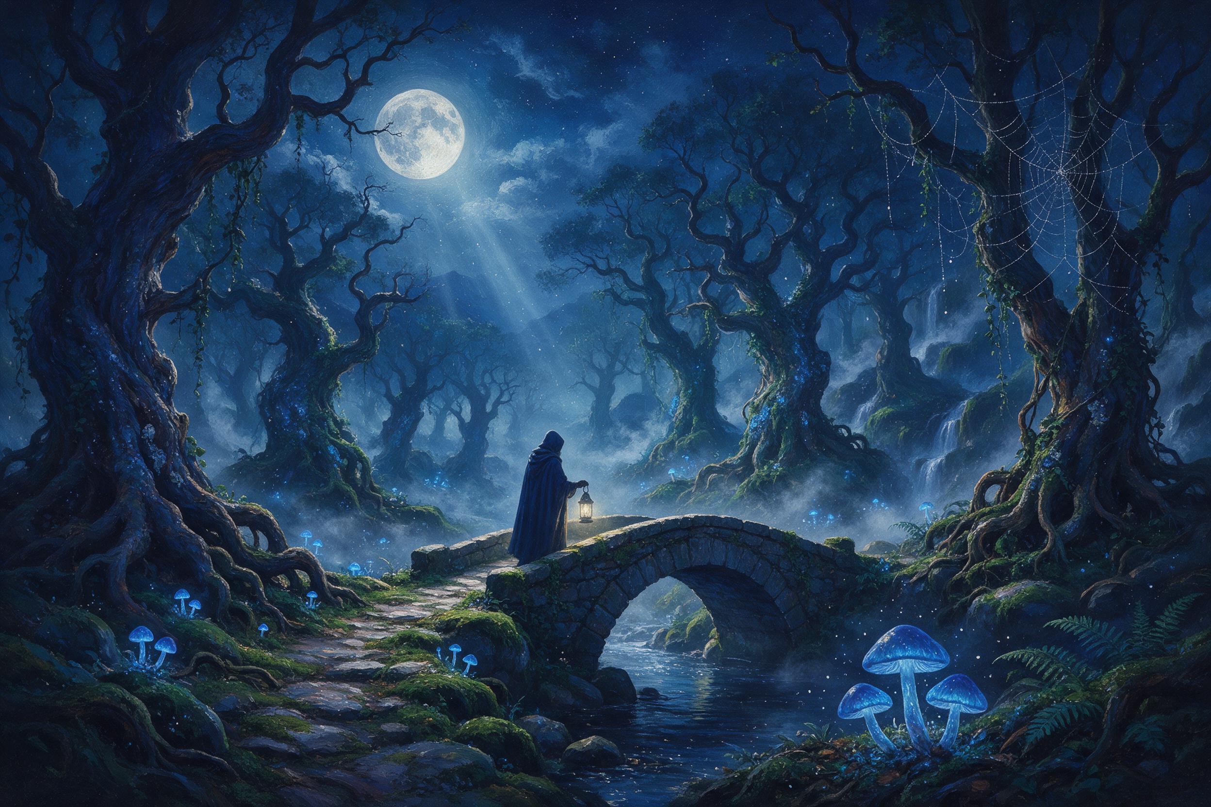 A moonlit crystalline forest where glowing blue mushrooms line a mossy path, silver mist curls between ancient twisted trees, a lone hooded figure with a lantern stands on a stone bridge, soft volumetric light, deep indigo and emerald palette, ethereal atmosphere, subtle fairy dust in the air, paint