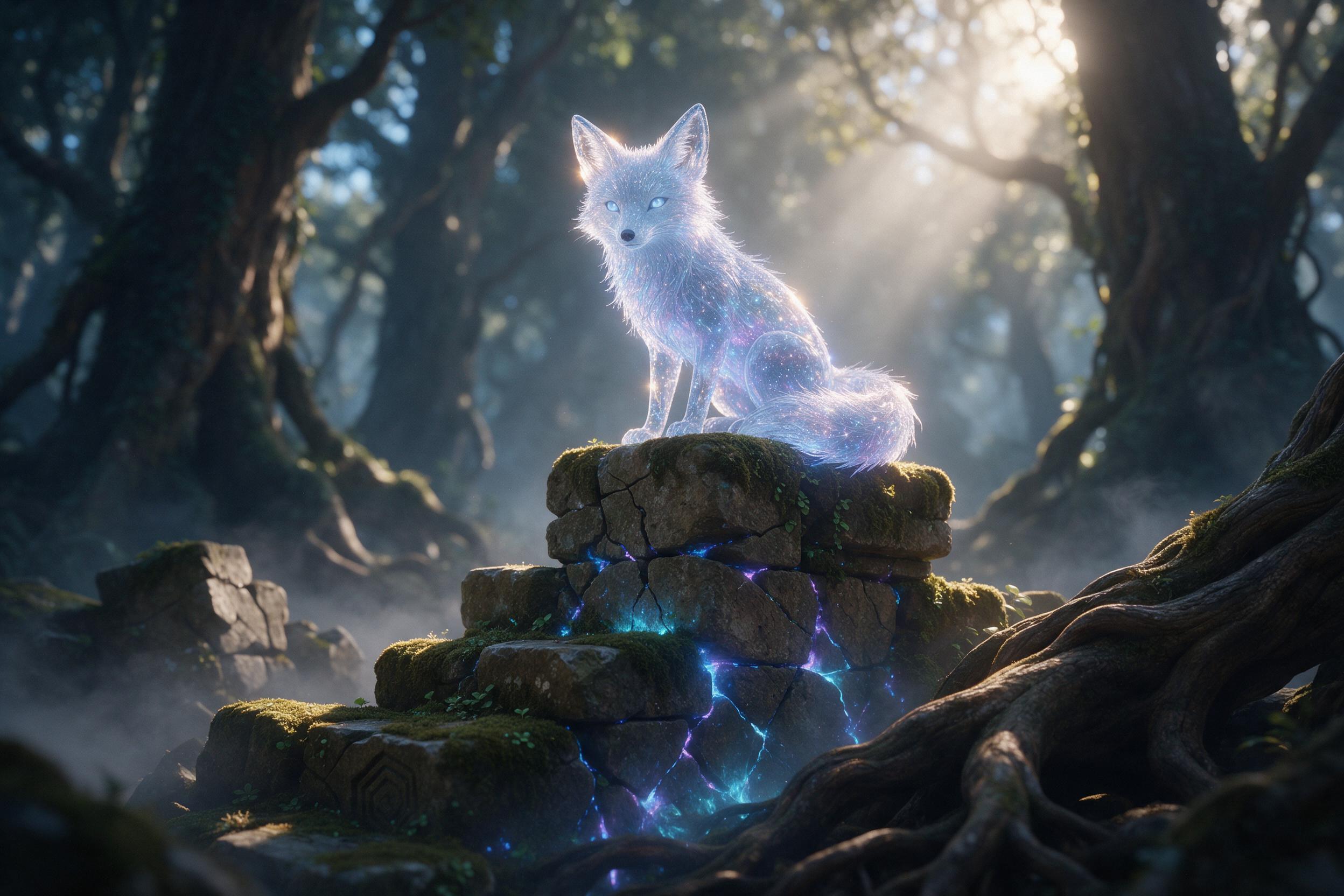 A glowing crystal fox with translucent fur, sitting on a mossy ruin in an ancient forest, bioluminescent blue and purple light seeping from cracks in the stone, mist curling between gnarled roots, soft morning fog, shallow depth of field, warm amber light breaking through the canopy, subtle film gra