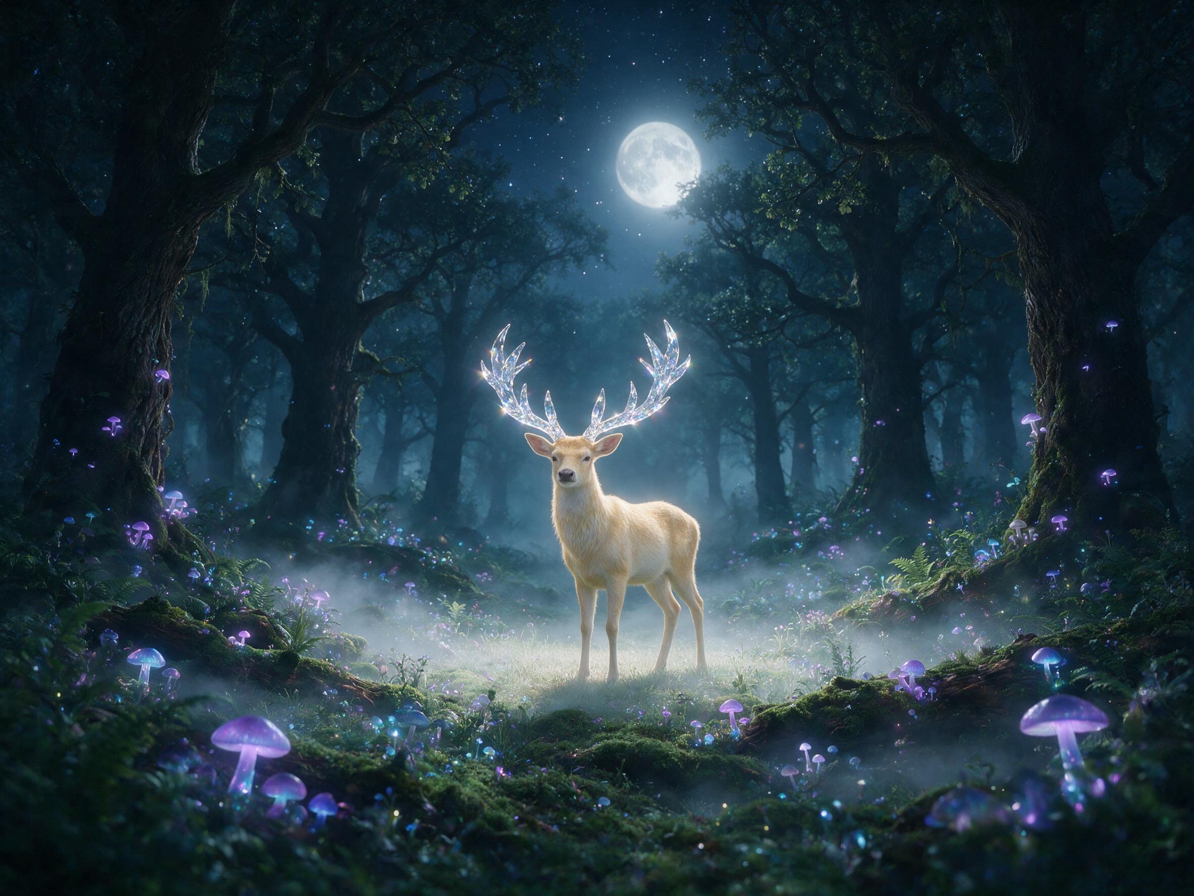 A moonlit forest clearing at midnight, bioluminescent mushrooms glow in purple and blue hues, a lone deer with antlers made of crystal stands still, mist rolls across the mossy ground, soft fog diffuses the moonlight, shallow depth of field, ethereal atmosphere