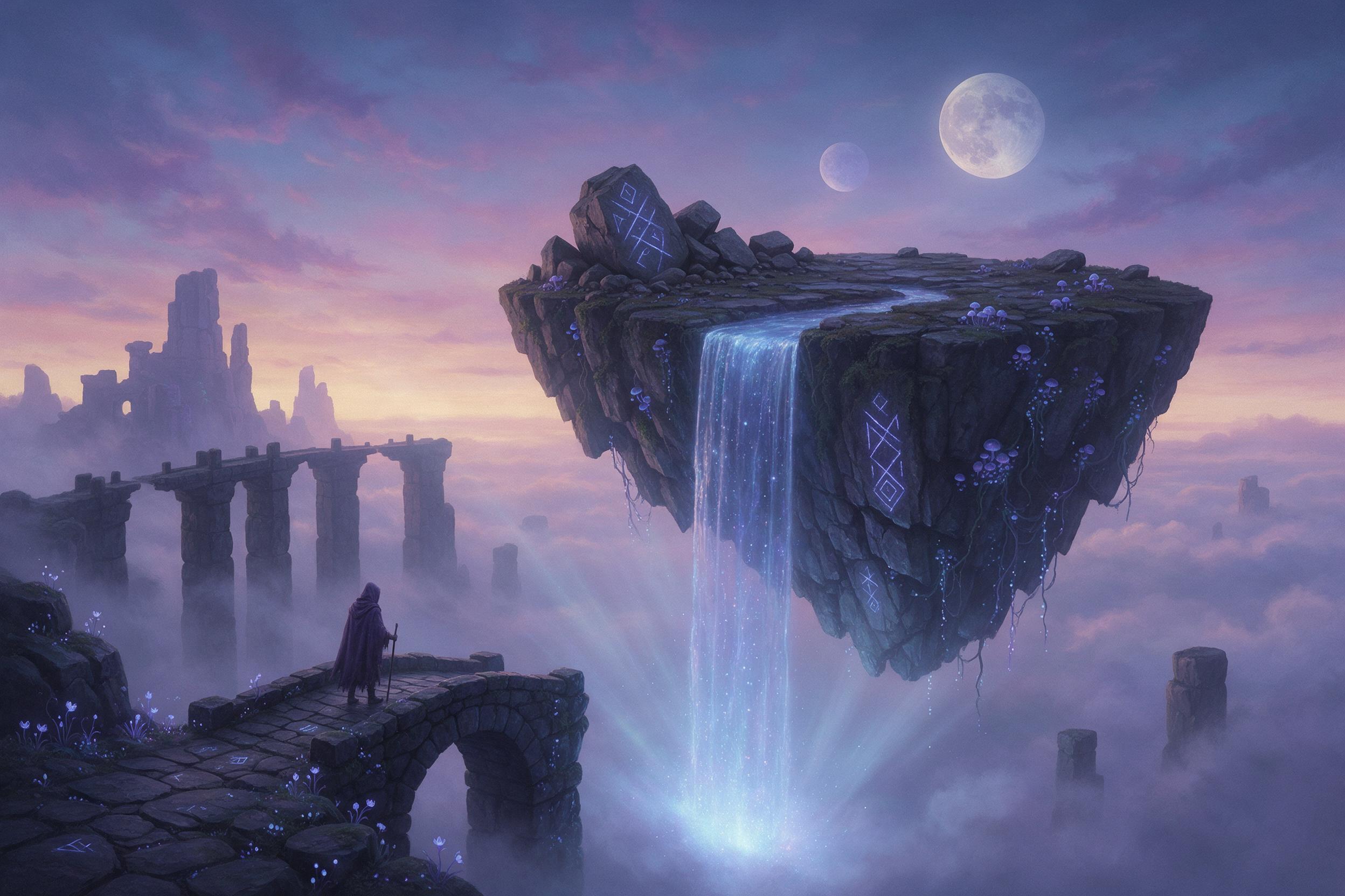 A floating island with a crystalline waterfall cascading into misty clouds, ancient glowing runes on mossy stones, twilight sky with two moons, ethereal blue and violet bioluminescent plants, a lone hooded traveler on a stone bridge, soft volumetric light through fog, painted in muted, magical reali