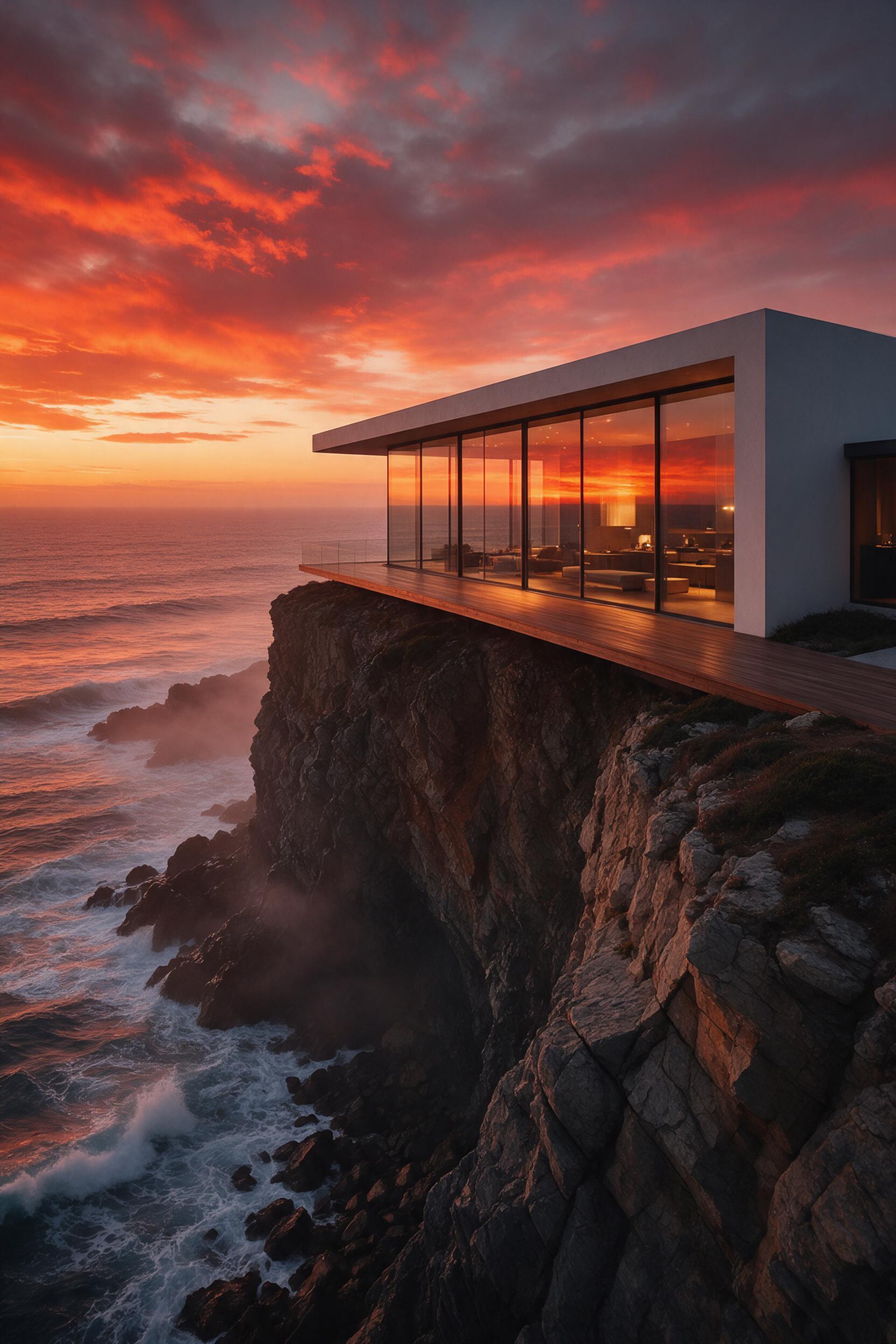 A sleek modernist villa perched on a rugged coastal cliff, floor-to-ceiling glass walls reflecting a fiery sunset, warm interior light spilling onto a wooden deck, ocean waves crashing below, subtle mist, wide-angle composition emphasizing verticality and isolation